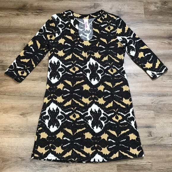ANTHROPOLOGIE Size L Emmelee Dress Boho Print Long Sleeve Knit Black Tan White - Picture 1 of 11